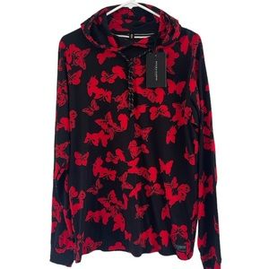 Denim & Flower - Black Lightweight Hoodie with Red Butterfly Print